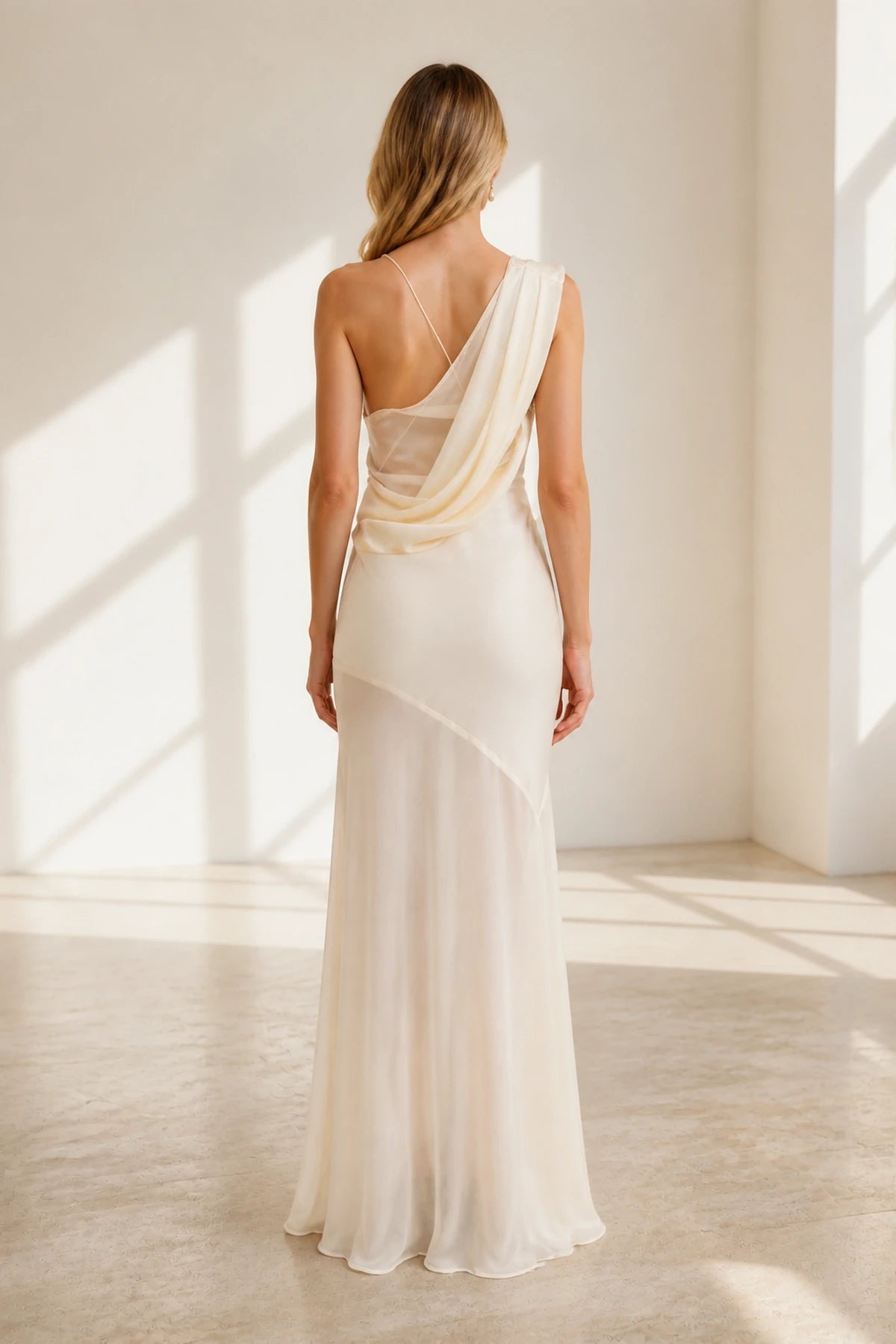 Romantic Sheath Cowl Neck Sleeveless Cross Back Floor Length Wedding Guest Dress