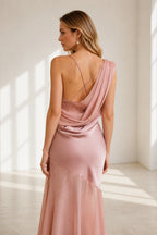 Romantic Sheath Cowl Neck Sleeveless Cross Back Floor Length Wedding Guest Dress