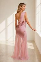 GraceProm blush pink wedding guest dress with crisscross straps low draped back and flowing skirt