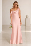 Blush pink bridesmaid dress with asymmetric draped neckline, sleeveless design, open back and floor-length column silhouette, front and back view