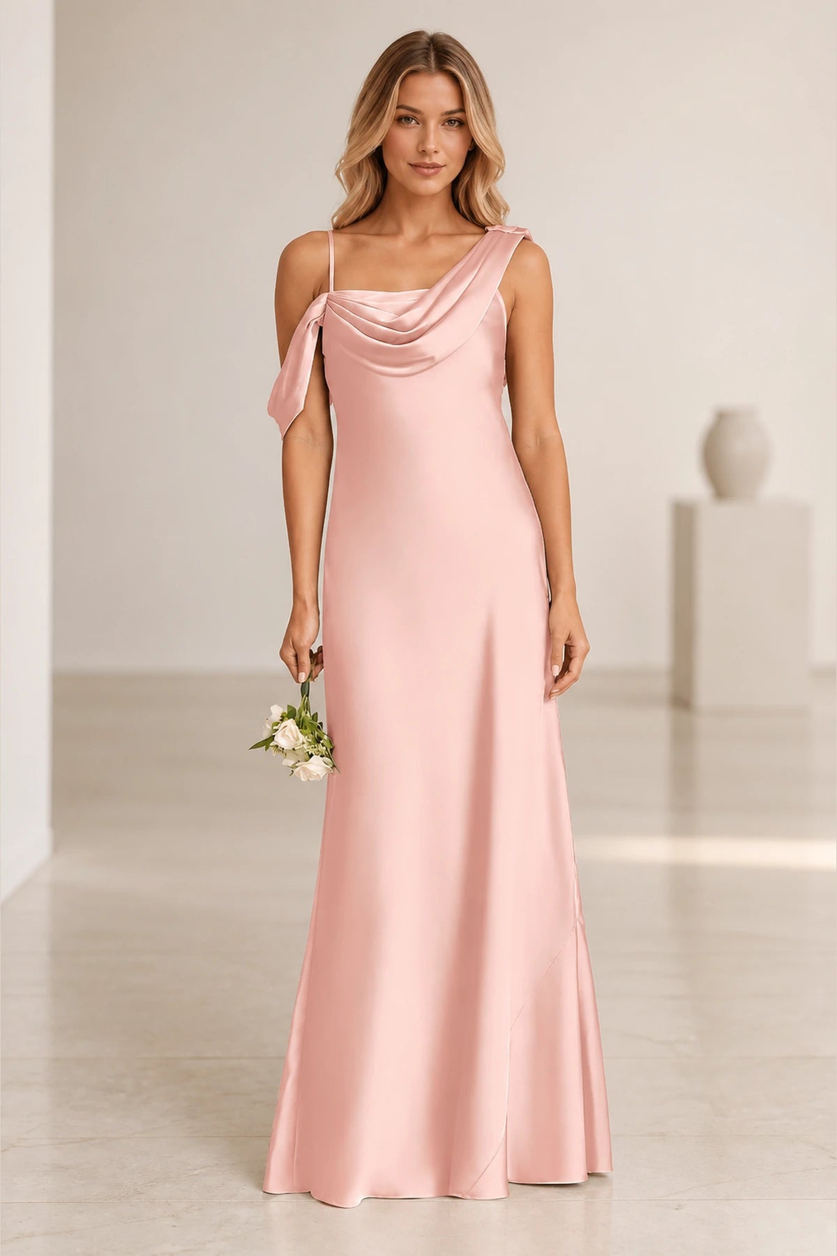Blush pink bridesmaid dress with asymmetric draped neckline, sleeveless design, open back and floor-length column silhouette, front and back view