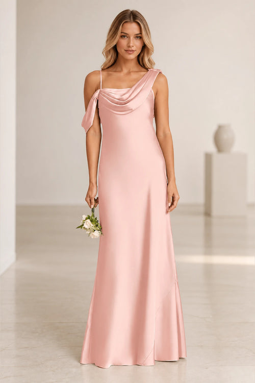 Blush pink bridesmaid dress with asymmetric draped neckline, sleeveless design, open back and floor-length column silhouette, front and back view