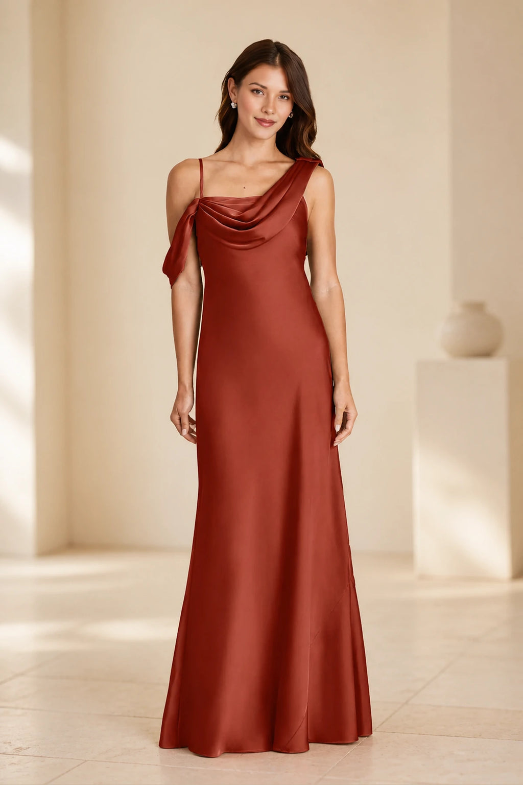 Romantic Column Draped Neckline Sleeveless Open Back Floor Length Bridesmaid Dress