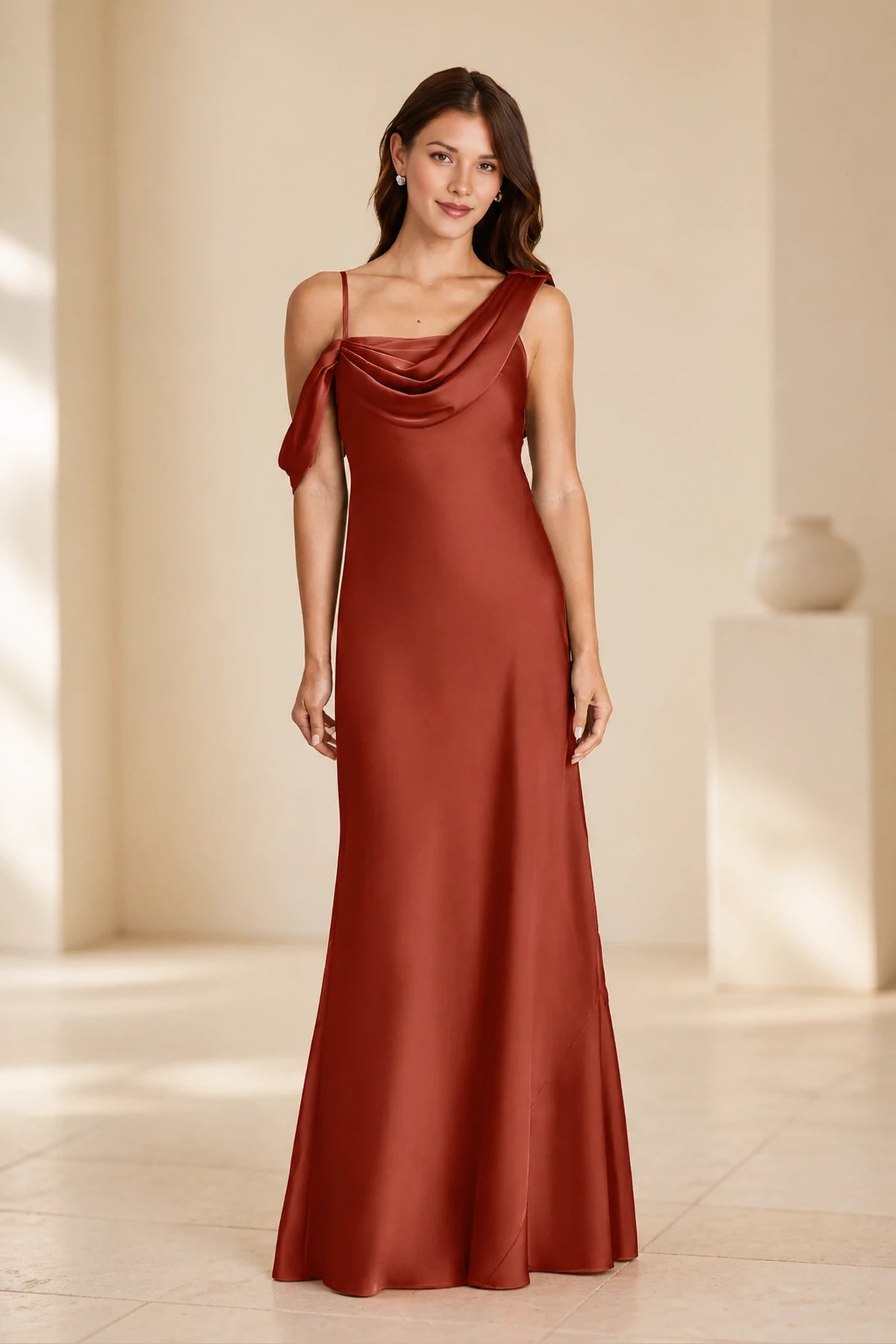 Romantic Column Draped Neckline Sleeveless Open Back Floor Length Bridesmaid Dress