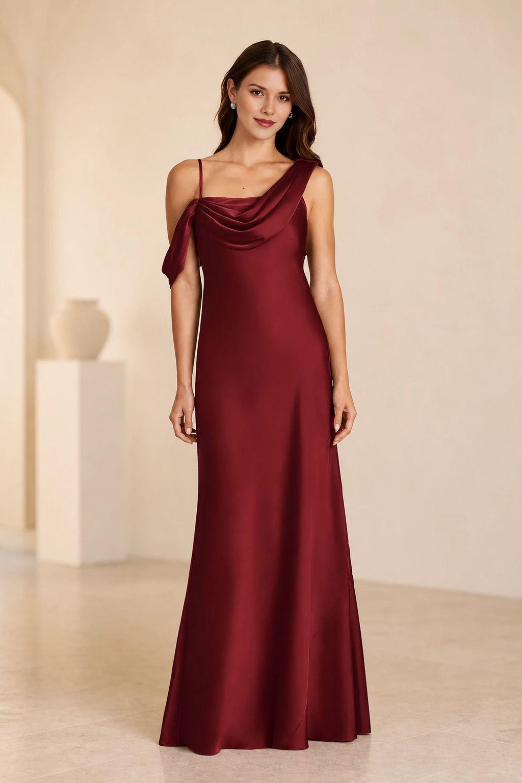 Romantic Column Draped Neckline Sleeveless Open Back Floor Length Bridesmaid Dress