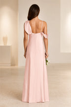 Blush pink bridesmaid dress with asymmetric draped neckline, sleeveless design, open back and floor-length column silhouette, front and back view