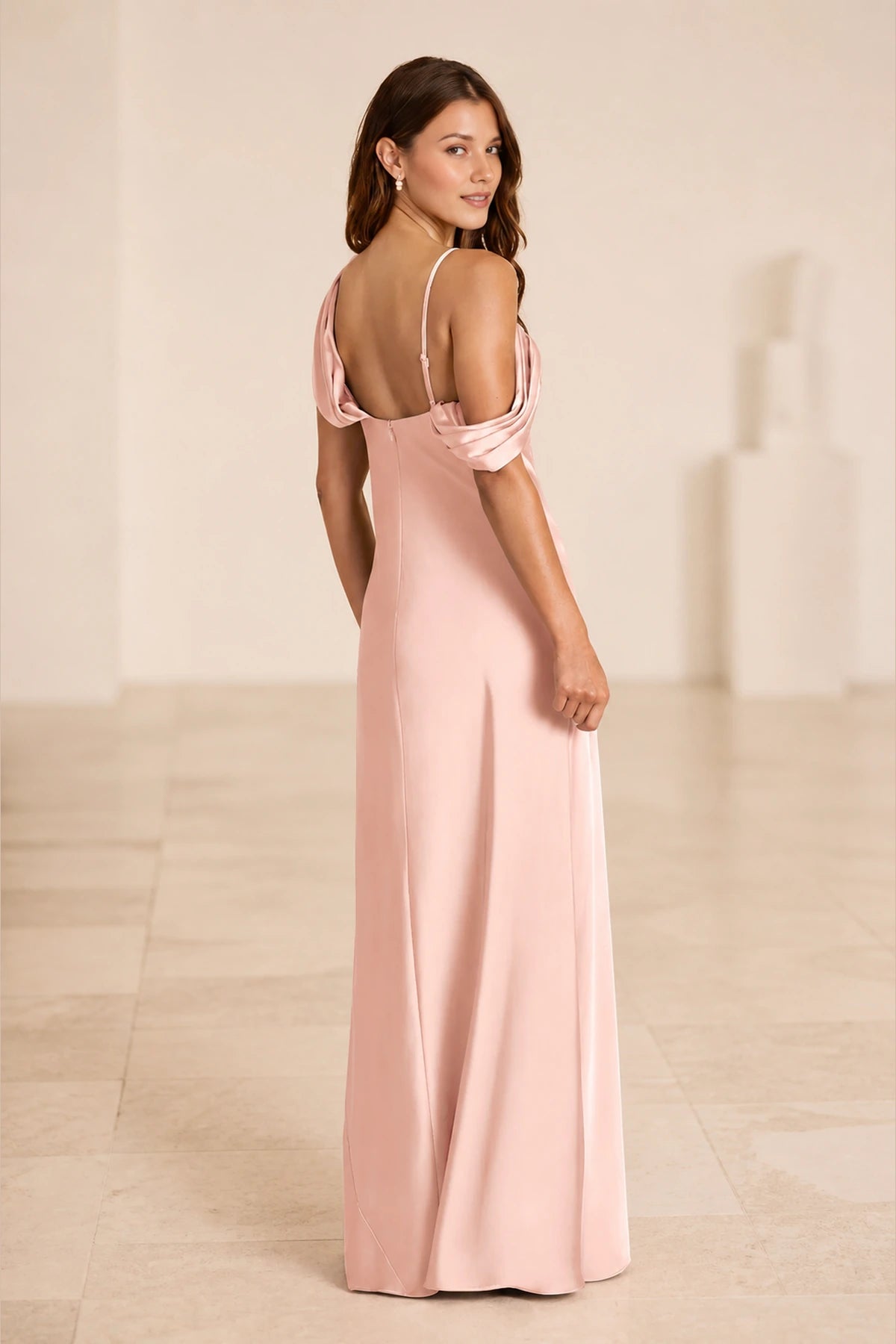 Romantic Column Draped Neckline Sleeveless Open Back Floor Length Bridesmaid Dress