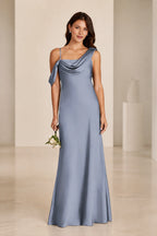 Romantic Column Draped Neckline Sleeveless Open Back Floor Length Bridesmaid Dress