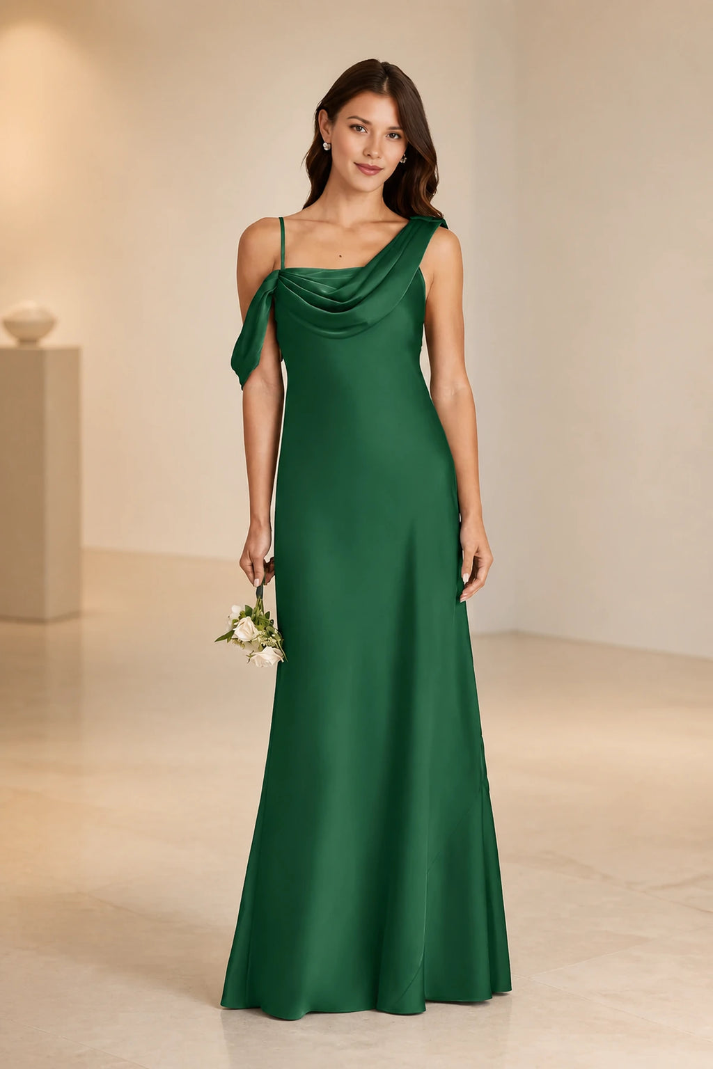 Romantic Column Draped Neckline Sleeveless Open Back Floor Length Bridesmaid Dress