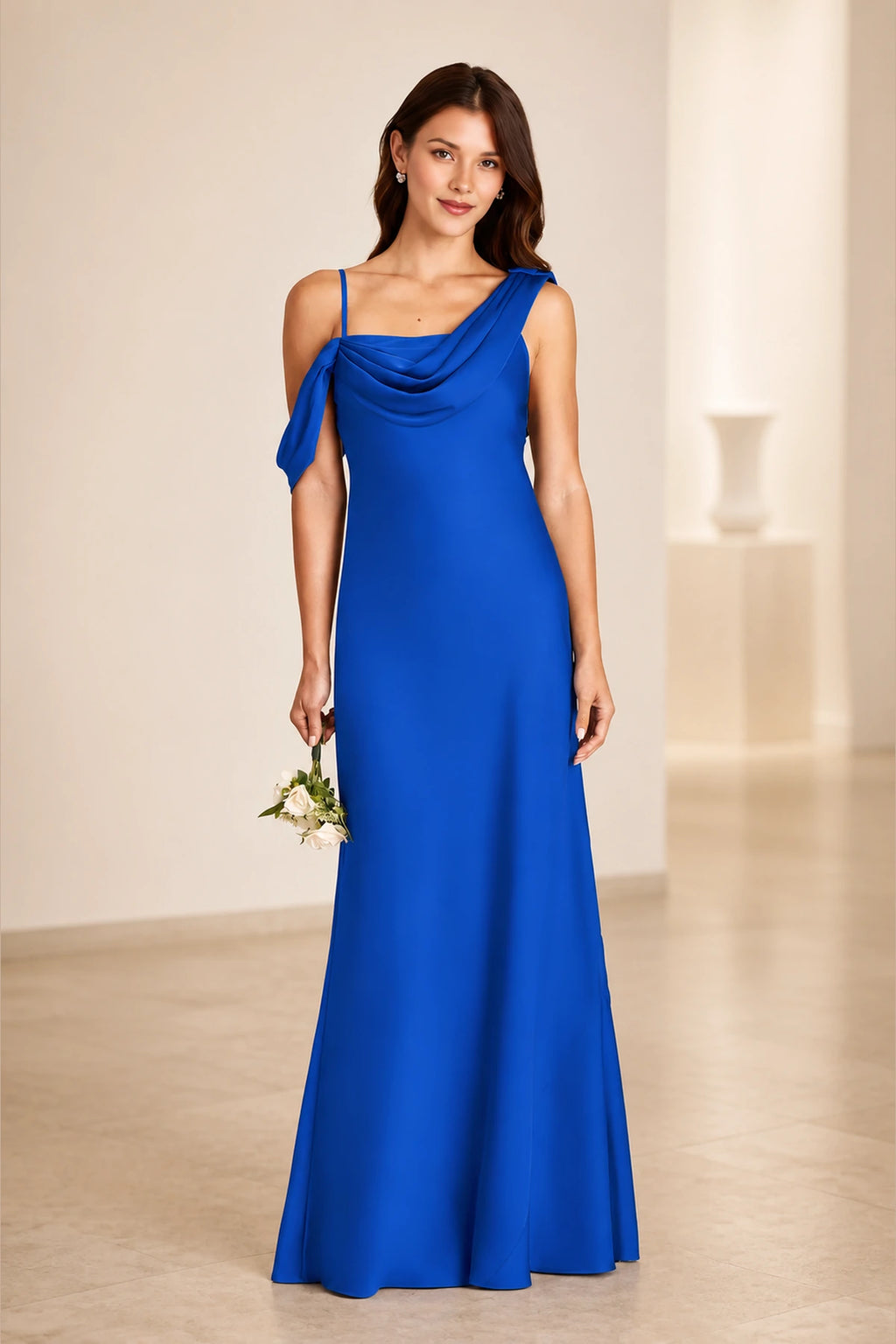 Romantic Column Draped Neckline Sleeveless Open Back Floor Length Bridesmaid Dress
