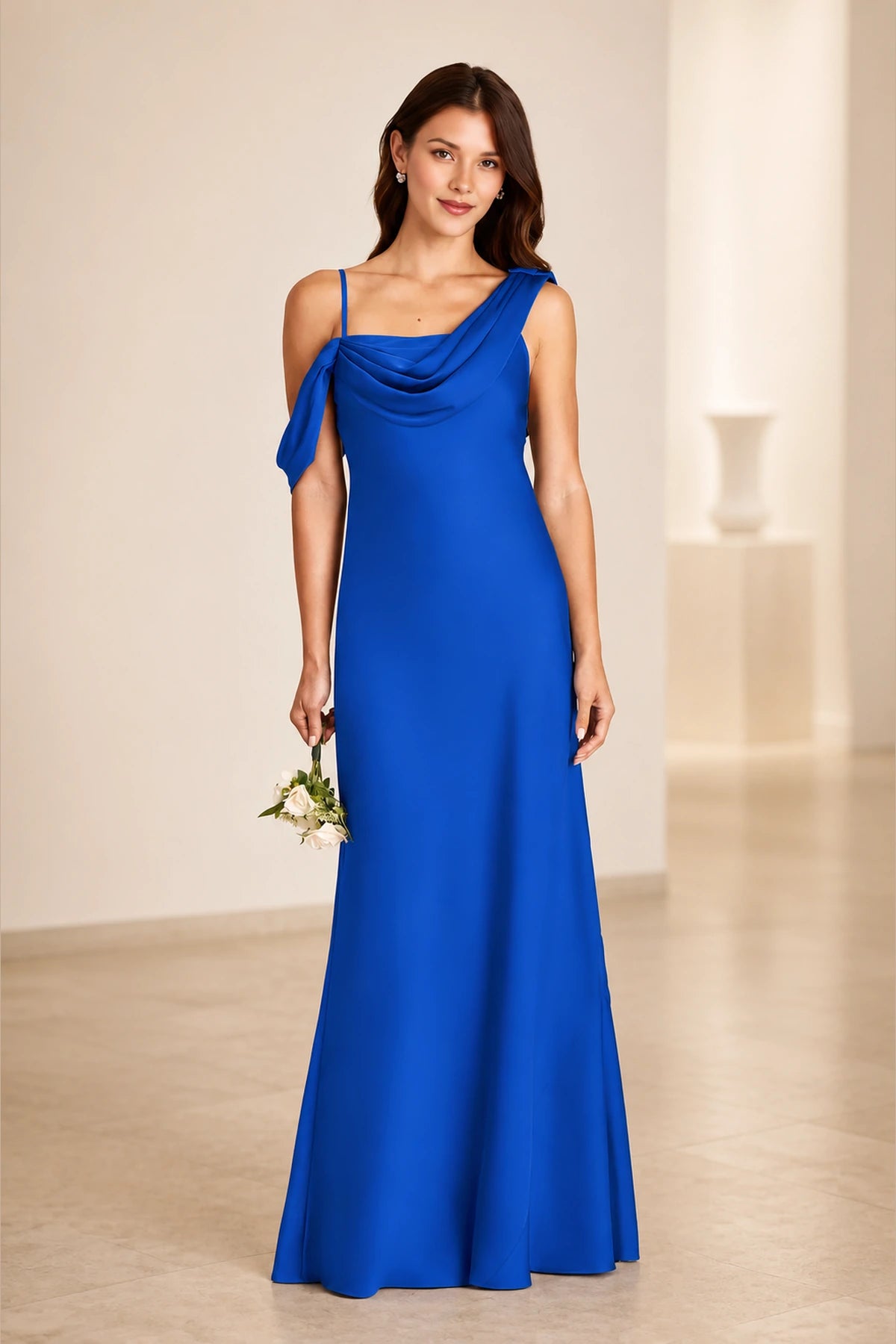 Romantic Column Draped Neckline Sleeveless Open Back Floor Length Bridesmaid Dress