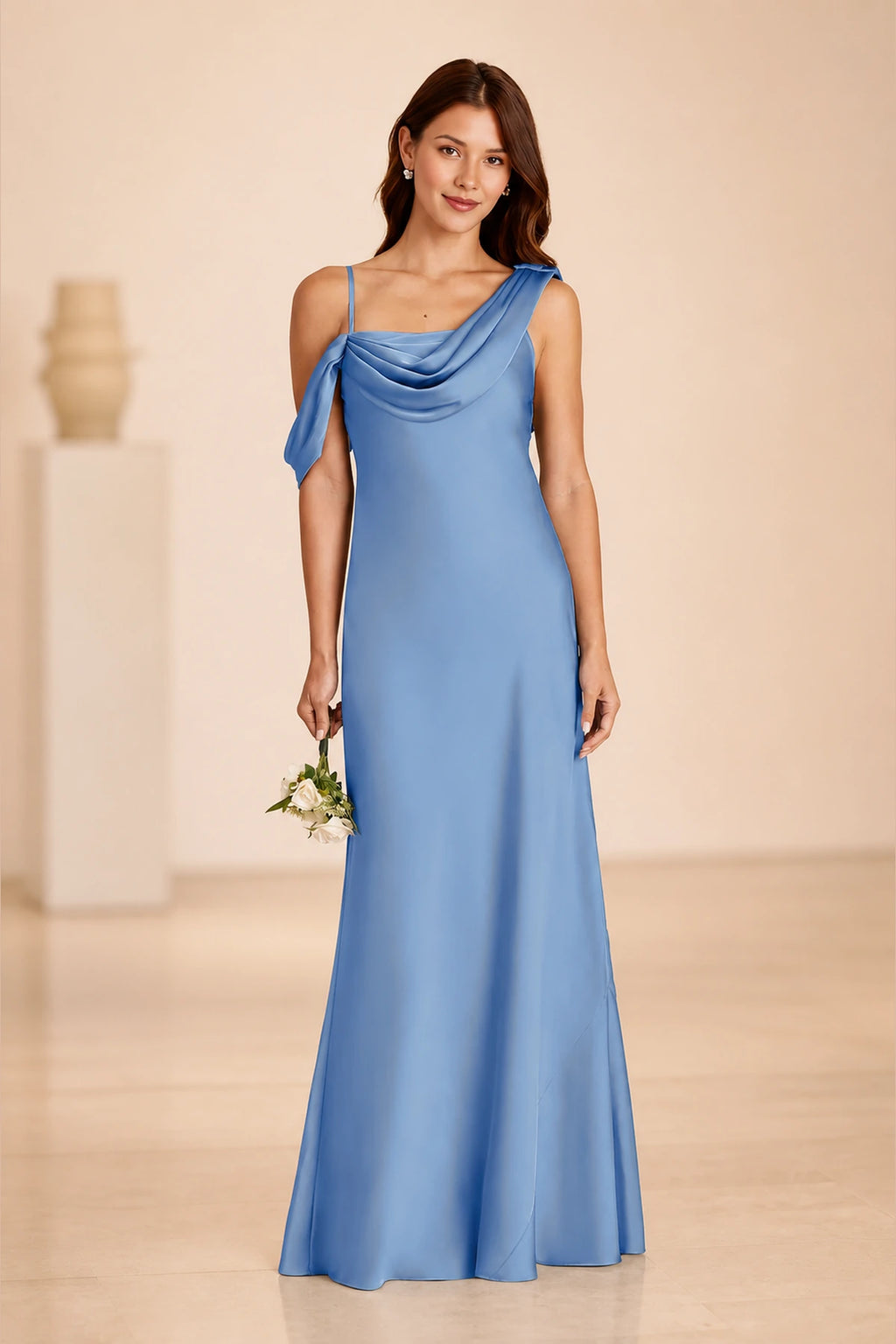 Romantic Column Draped Neckline Sleeveless Open Back Floor Length Bridesmaid Dress