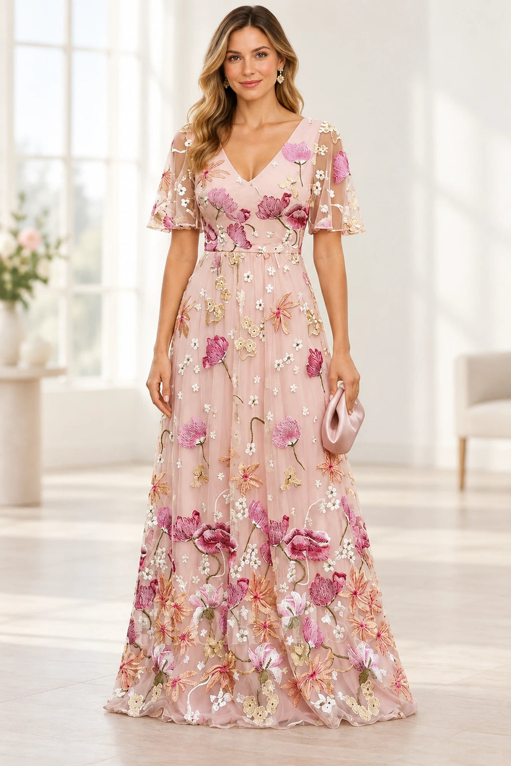 Blush pink mother of the bride dress with floral embroidery and short sleeves
