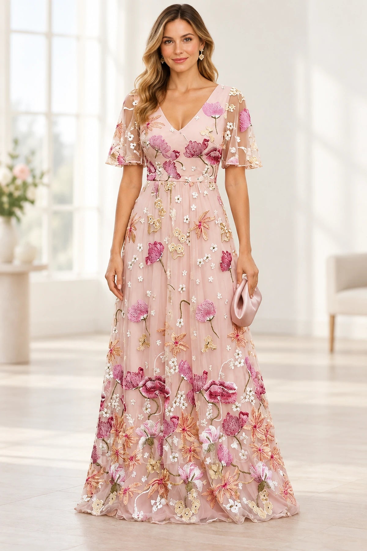 Blush pink mother of the bride dress with floral embroidery and short sleeves