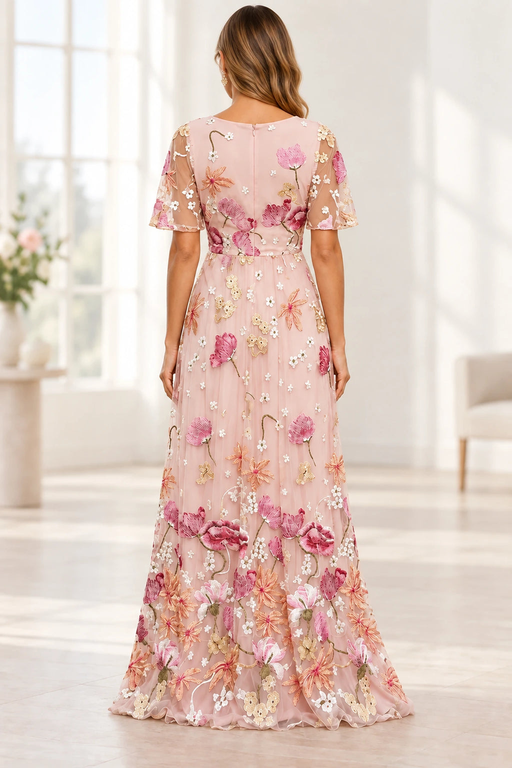 Blush pink floral embroidered mother of the bride dress with elegant zipper back