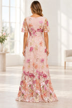 Blush pink floral embroidered mother of the bride dress with elegant zipper back