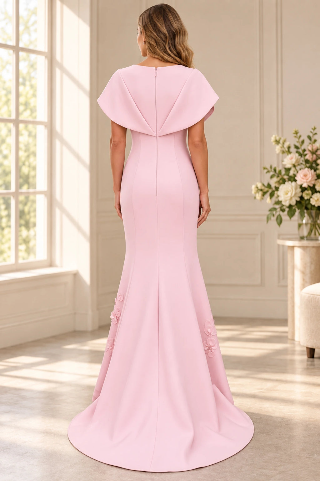 Back view of blush pink mermaid Mother of the Bride Dress with cape detail and center zipper