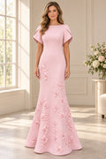 Blush pink Mother of the Bride Dress with bateau neckline, cape sleeves and 3D floral appliqués