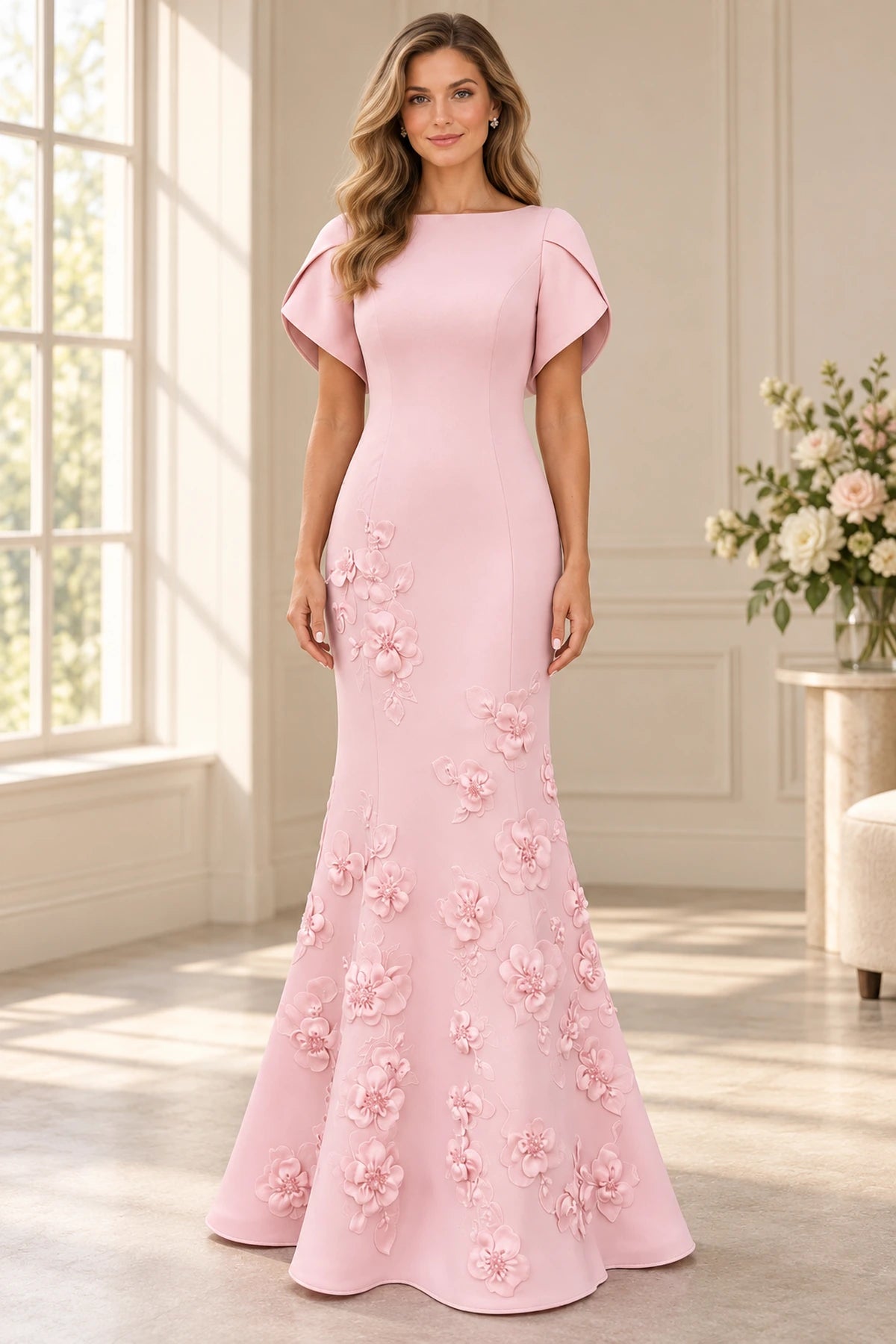 Blush pink Mother of the Bride Dress with bateau neckline, cape sleeves and 3D floral appliqués
