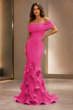 Romantic Mermaid Off-Shoulder Short-Sleeve Zipper-Back Floor-Length Wedding Guest Dress