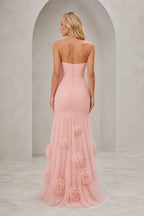 Blush pink strapless sweetheart mermaid wedding guest dress with ruched bodice and floral applique floor-length skirt