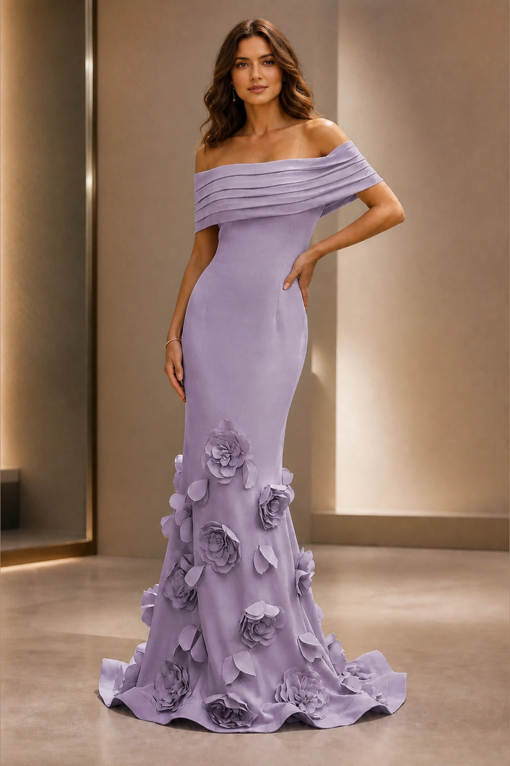 Romantic Mermaid Off-Shoulder Short-Sleeve Zipper-Back Floor-Length Wedding Guest Dress