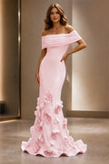 Blush pink mermaid wedding guest dress with off-shoulder pleated neckline, fitted bodice, 3D floral appliqués and floor-length hem