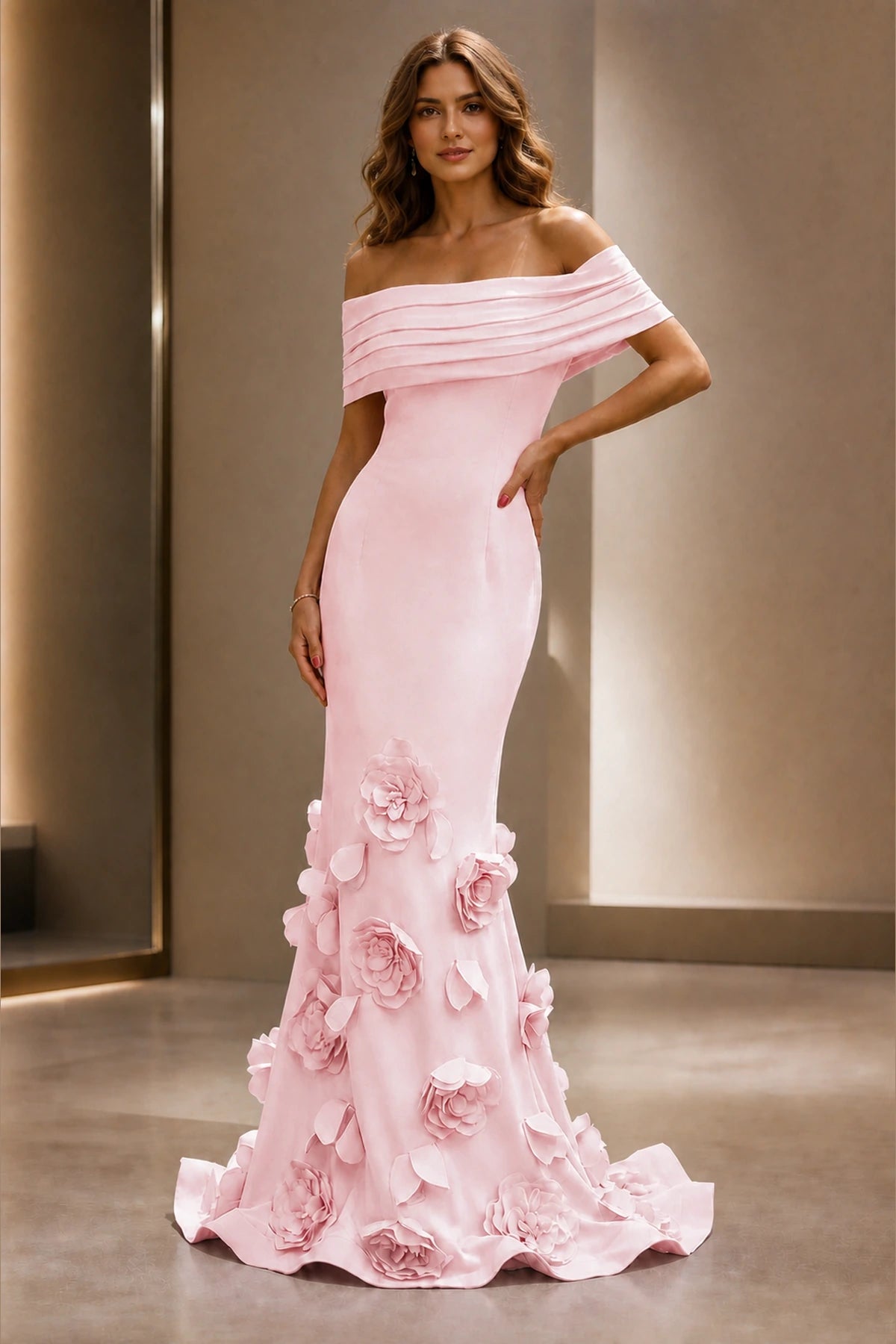 Blush pink mermaid wedding guest dress with off-shoulder pleated neckline, fitted bodice, 3D floral appliqués and floor-length hem