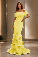 Romantic Mermaid Off-Shoulder Short-Sleeve Zipper-Back Floor-Length Wedding Guest Dress