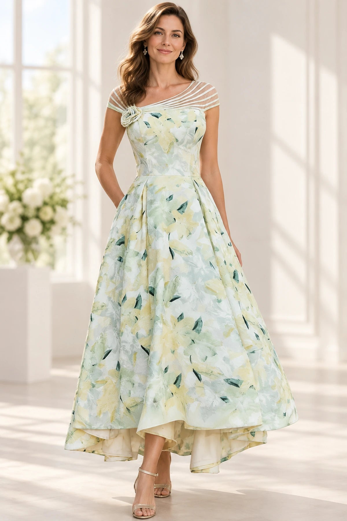 Romantic A-Line Illusion Neck Cap Sleeves Closed Back Floor-Length Mother of the Bride Dress