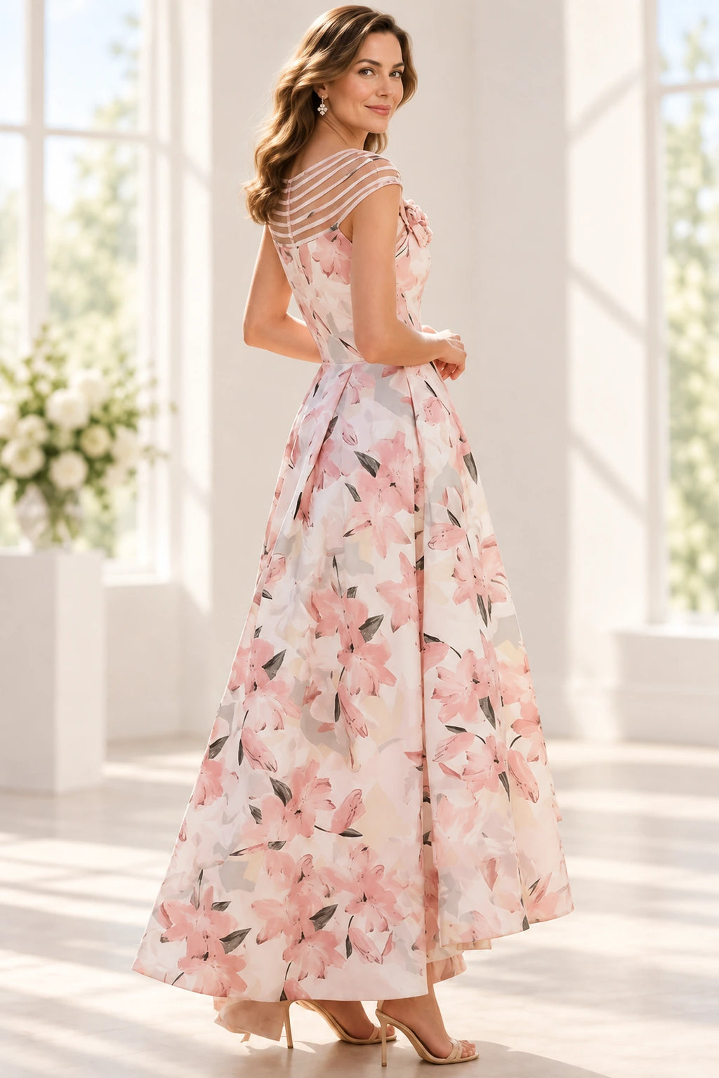 Back view of blush pink floral Mother of the Bride Dress with sheer striped neckline and A-line skirt