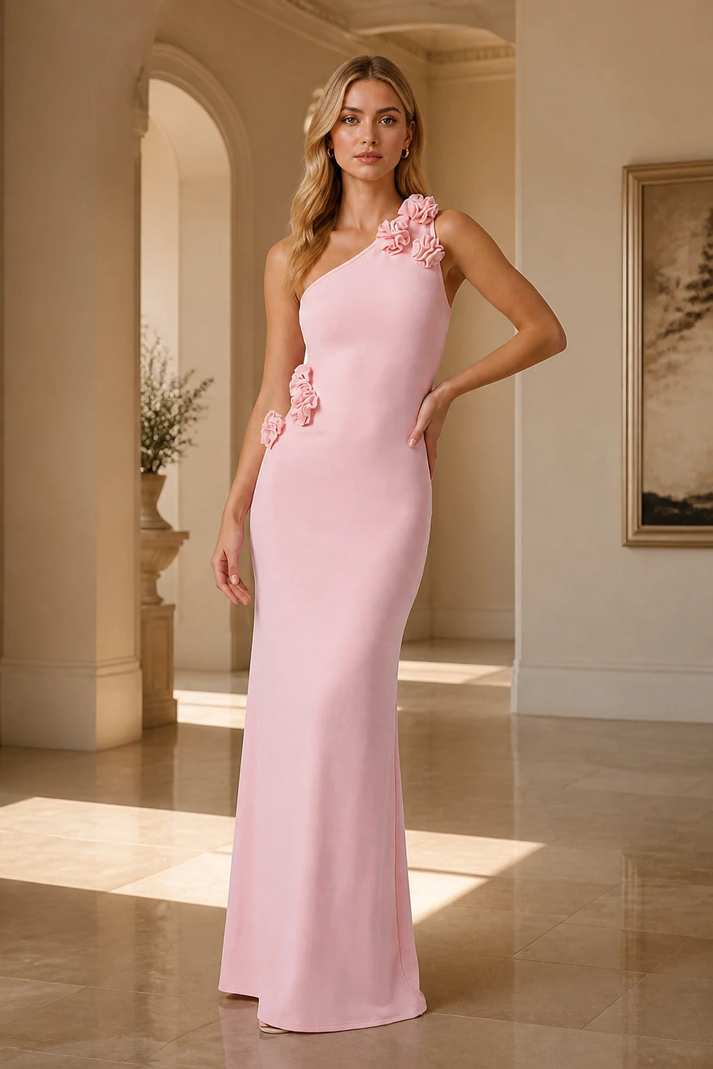 Blush pink one-shoulder floor-length bridesmaid dress with 3D floral appliques