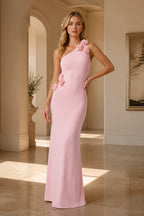 Blush pink one-shoulder floor-length bridesmaid dress with 3D floral appliques