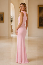 Blush pink one-shoulder fitted bridesmaid dress with asymmetrical back