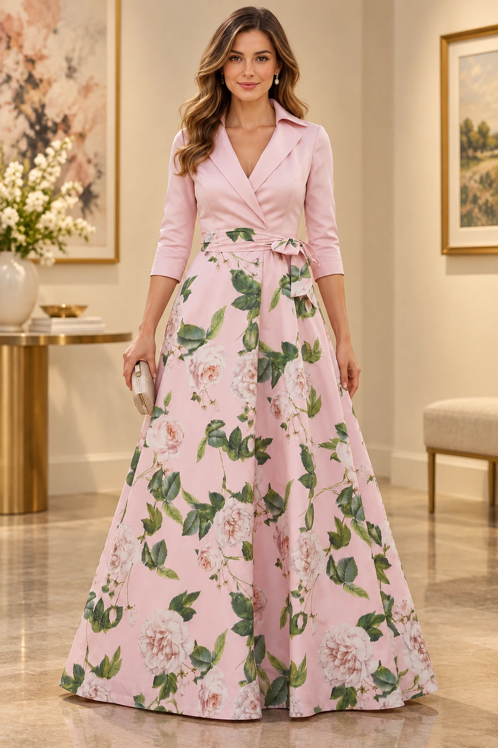 Blush pink floral A-line Mother of the Bride Dress with V-neck, three-quarter sleeves and tie waist