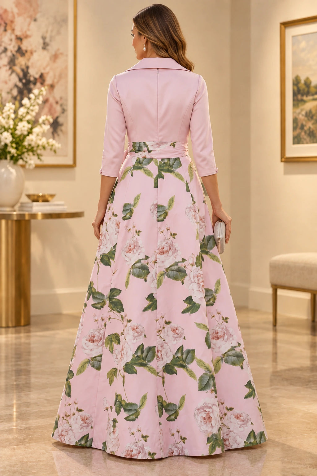 Back view of blush pink floral Mother of the Bride Dress with closed back, center zipper and floor-length A-line skirt