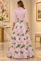 Back view of blush pink floral Mother of the Bride Dress with closed back, center zipper and floor-length A-line skirt