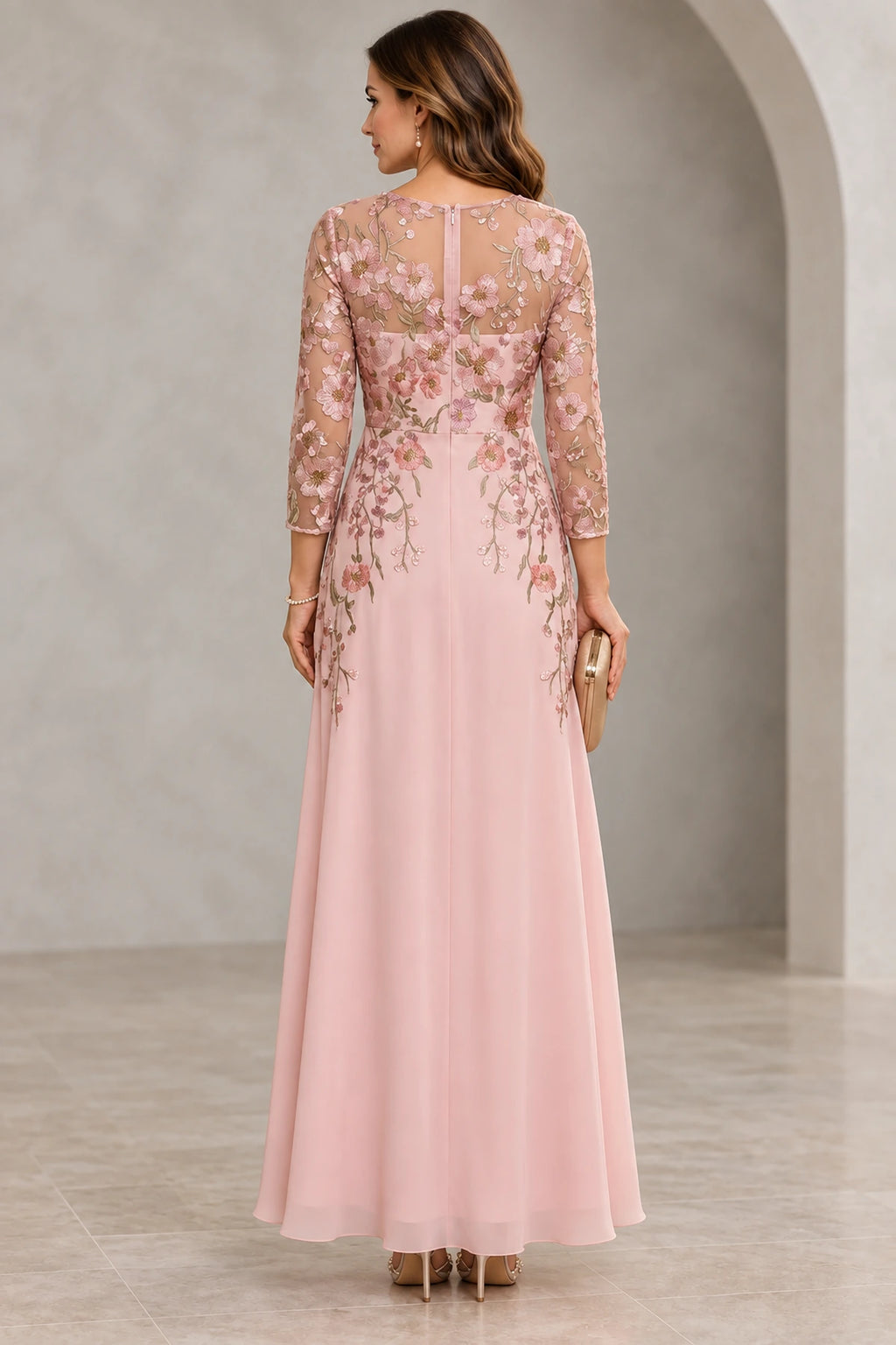 Blush pink Mother of the Bride Dress with floral embroidered illusion back, three quarter sleeves and center zipper closure