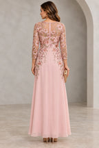 Blush pink Mother of the Bride Dress with floral embroidered illusion back, three quarter sleeves and center zipper closure
