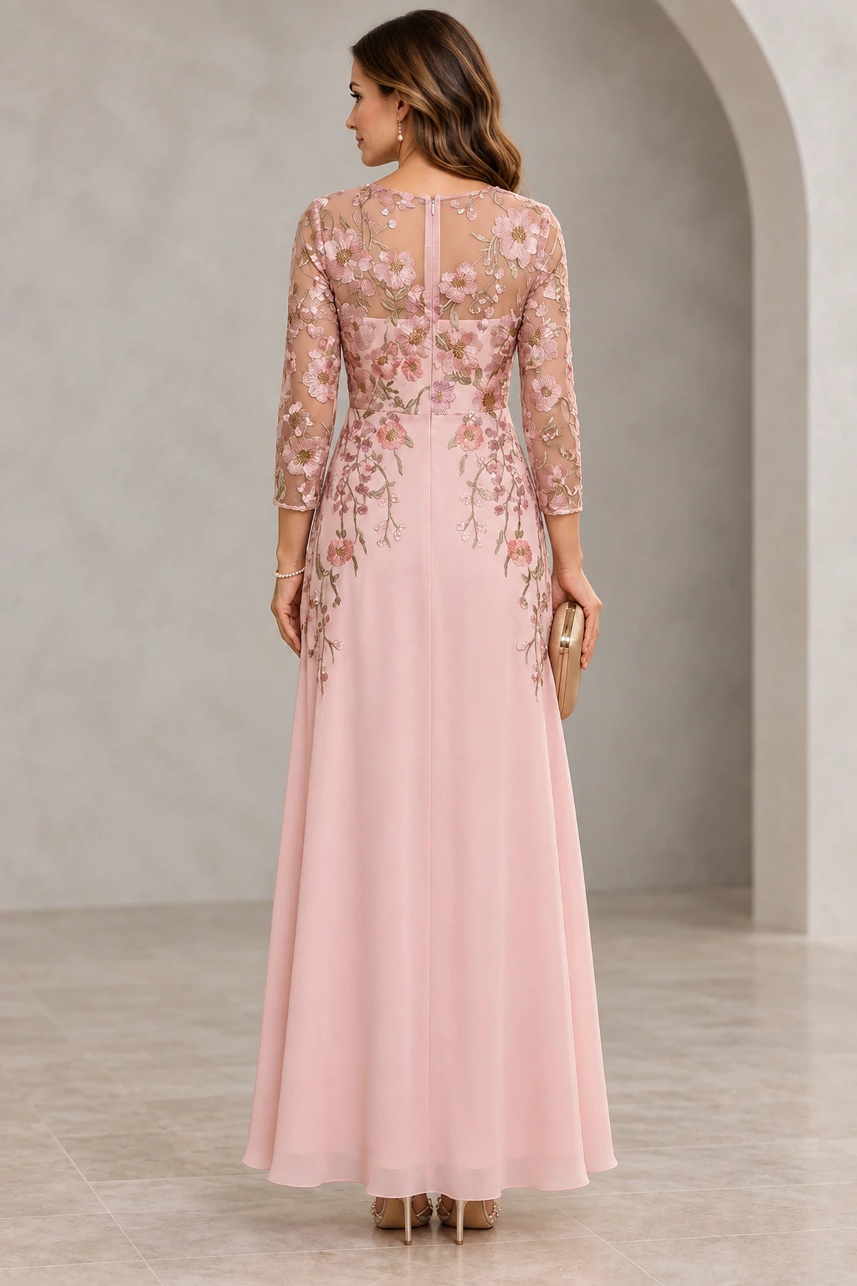 Blush pink Mother of the Bride Dress with floral embroidered illusion back, three quarter sleeves and center zipper closure