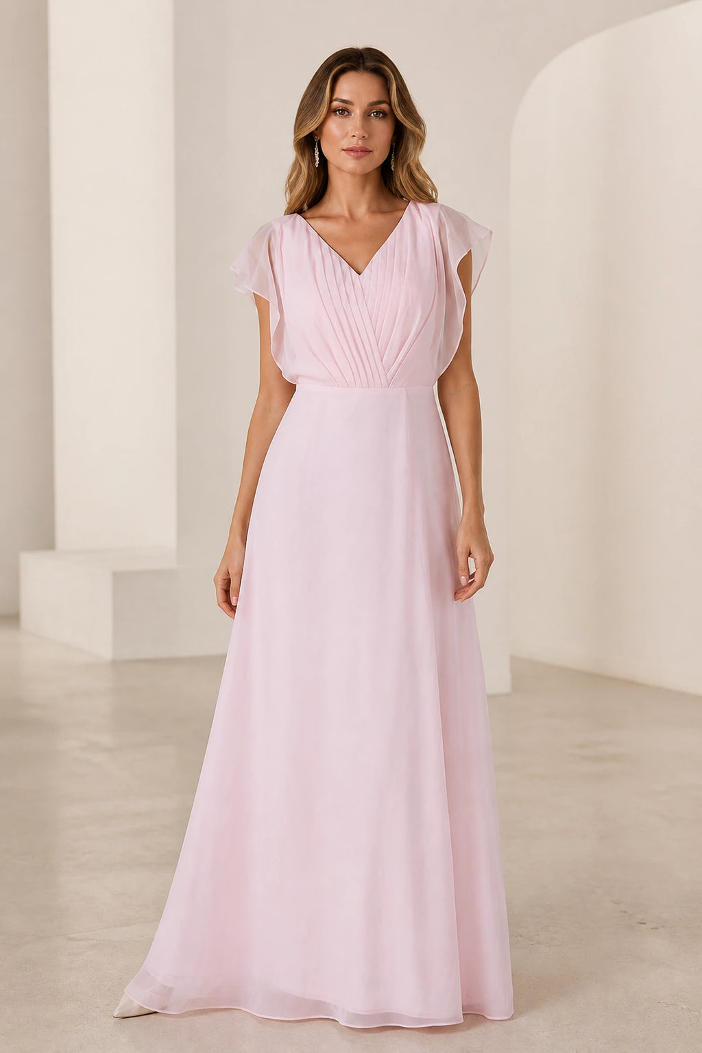 Blush pink A-line V-neck flutter sleeve long bridesmaid dress with pleated bodice and open back, front and back view by Vedress
