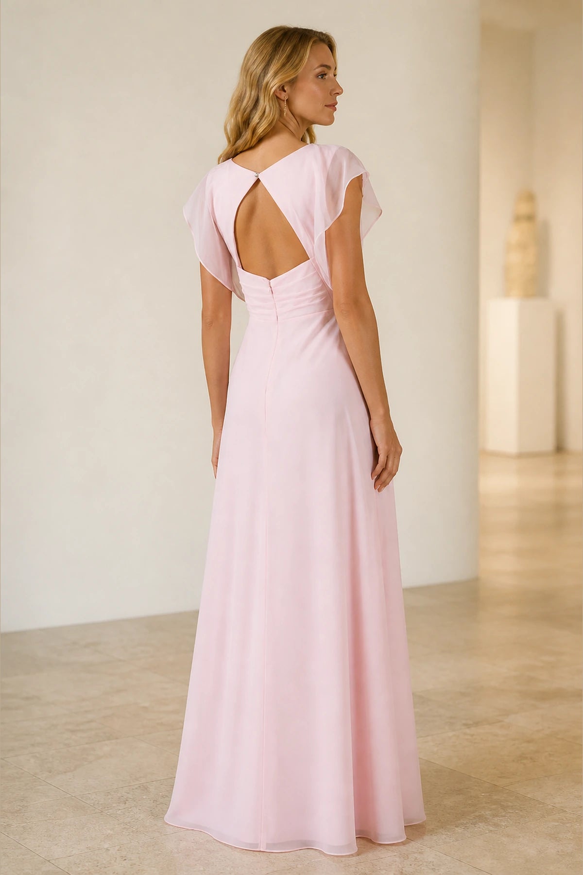 Blush pink A-line V-neck flutter sleeve long bridesmaid dress with pleated bodice and open back, front and back view by Vedress