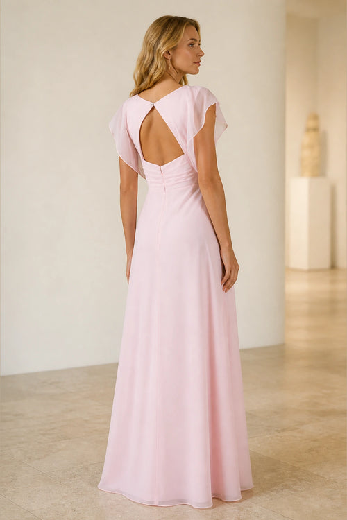 Blush pink A-line V-neck flutter sleeve long bridesmaid dress with pleated bodice and open back, front and back view by Graceprom