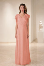 Romantic A-Line V-Neck Flutter-Sleeve Open-Back Long Bridesmaid Dress