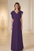 Romantic A-Line V-Neck Flutter-Sleeve Open-Back Long Bridesmaid Dress