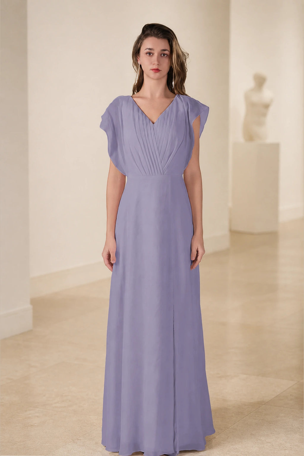 Romantic A-Line V-Neck Flutter-Sleeve Open-Back Long Bridesmaid Dress