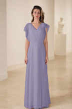 Romantic A-Line V-Neck Flutter-Sleeve Open-Back Long Bridesmaid Dress