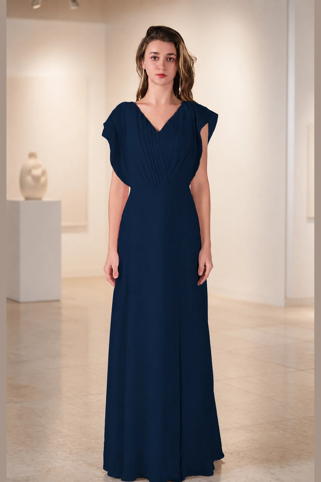 Romantic A-Line V-Neck Flutter-Sleeve Open-Back Long Bridesmaid Dress