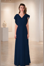 Romantic A-Line V-Neck Flutter-Sleeve Open-Back Long Bridesmaid Dress