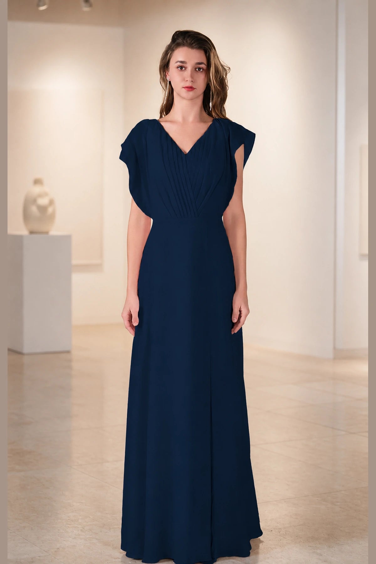 Romantic A-Line V-Neck Flutter-Sleeve Open-Back Long Bridesmaid Dress